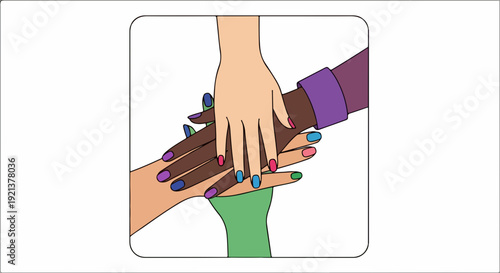 Diverse hands stacking together in unity and cooperation symbolizing teamwork and friendship with colorful background