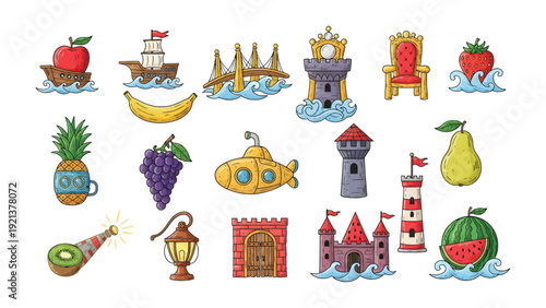 Whimsical Collection: Delightful hand-drawn illustrations of a series of objects, each rendered with charming details and vibrant colors, exuding a playful and imaginative quality.