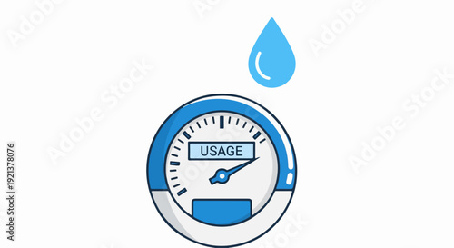 Water usage meter gauge with blue droplet icon on white background indicating consumption level