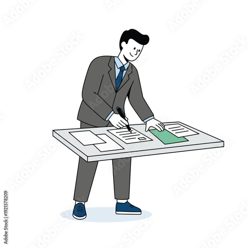 Concept of closing a deal, legal agreement, and partnership showing a businessman officially signing a contract on an office table.