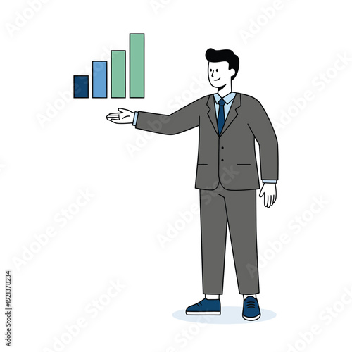 Concept of business growth and data analysis showing a professional man presenting positive statistics and increasing profit margins.