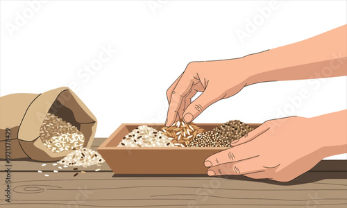 Hands sorting different grains and seeds
