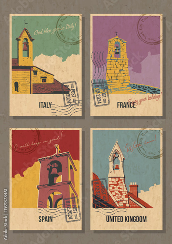 European Countries Bell Towers Attraction Postcard Set, Italy, France, Spain, United Kingdom Medieval Church Bell Towers Popular Place Illustrations, Vector Template Retro Style Greeting Cards. Vintag