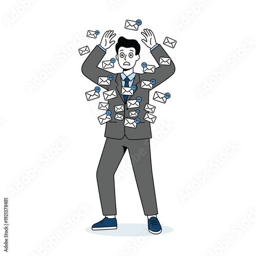 Conceptual art of information overload and busy communication showing a professional man overwhelmed by excessive incoming messages.