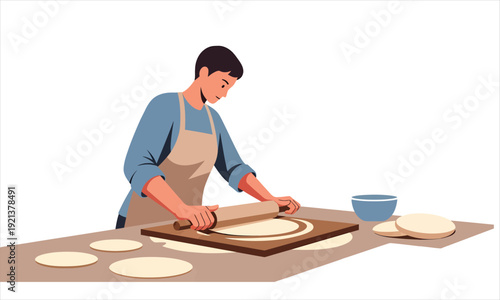 Baker is using a rolling pin to shape round dough pieces for flatbread