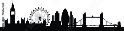 London skyline silhouette illustration, famous landmarks panorama, Big Ben Tower Bridge cityscape, urban travel architecture, England capital skyline artwork