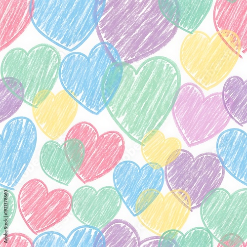 Colorful Hand-Drawn Hearts Pattern on White Background