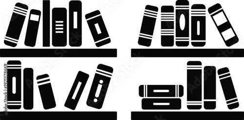Collection of various black stylized book icons arranged on shelves representing knowledge and learning