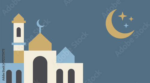 Night Theme Minimalist Flat Mosque Illustration with Golden Crescent and Stars Backdrop