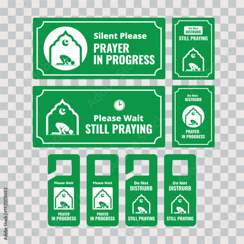 Islamic prayer signage set featuring Silent Please, Prayer in Progress, Please Wait,  Still Praying and Do Not Disturb door hanger designs