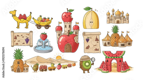 Fruit Fantasy Wonderland: A delightful illustration showcases a whimsical world crafted entirely from fruit, featuring imaginative castles, desert scenes, and charming characters.