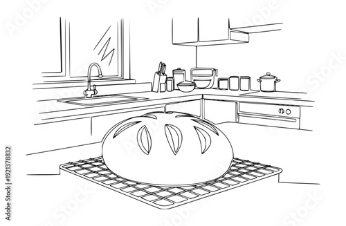 Homemade sourdough bread on cooling rack in kitchen vector line art illustration, rustic hand drawn artisan bakery loaf outline, minimalist drawing, home cooking background
