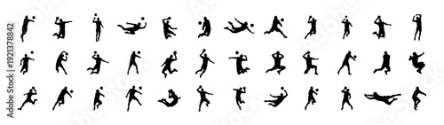 Set of professional volleyball player silhouettes, athletes performing jumps spikes and serves in action poses vector collection.
