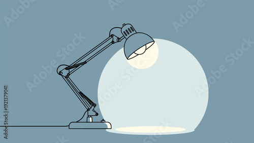 Adjustable grey desk lamp illuminating a bright circular area on a blue background in a simple flat style.