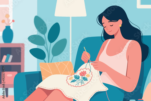 Woman in red robe embroidering floral design on white cloth, cozy living room cartoon illustration with lamp, pillow, plant, and bookshelf atmosphere of creativity and calm.