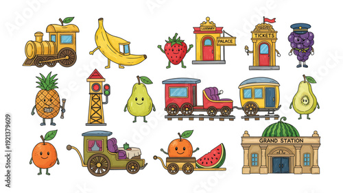 Whimsical Fruit Fiesta: A delightful collection of playful fruits and trains, each character radiating joy, perfect for adding a touch of cheer to any project.