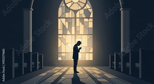 Silhouette of a person praying in a church with stained glass window and pews serene and contemplative atmosphere
