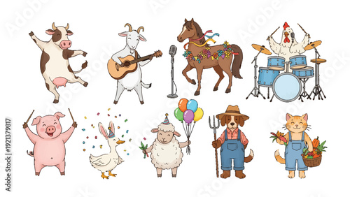 Farm Animal Orchestra: A whimsical cartoon depicting an ensemble of barnyard creatures, each playing a different instrument, creating a harmonious and delightful musical performance. 