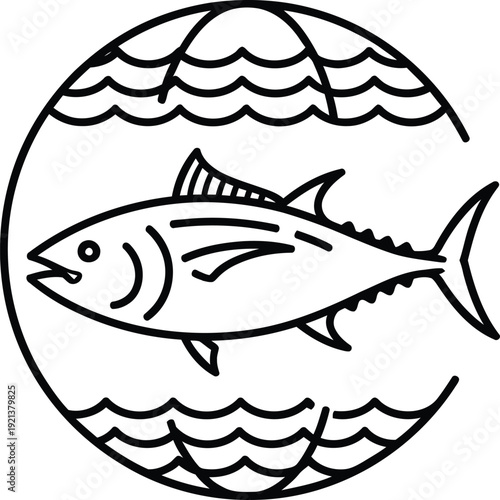 Tuna fish icon in circular frame with ocean waves line art. world tuna day