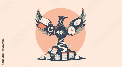 Modern illustration of mythical bird with clock and documents