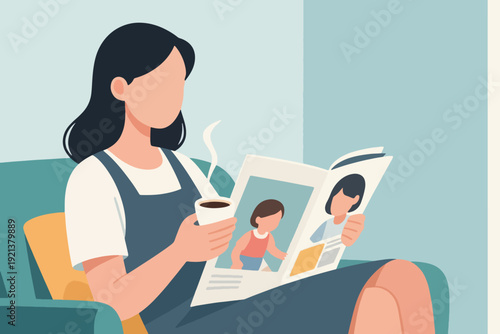 Person in white shirt and blue pinafore dress reading magazine with coffee cup on teal armchair, cozy cartoon illustration with cushion, light blue wall, and calm atmosphere.