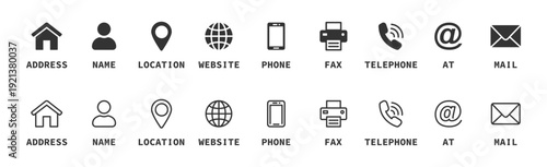 Contact icon set. Collection of contact and website icons. Home, location, call, at, email, address, globe, chat, message, mail, telephone, information, support. Editable stroke. Contact us icons.