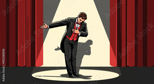 Man in tuxedo performing on stage with spotlight and red curtains elegant evening wear theatrical performance showbiz concept