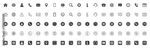 Contact icon set. Collection of contact and website icons. Home, location, call, at, email, address, globe, chat, message, mail, telephone, information, support. Editable stroke. Contact us icons.