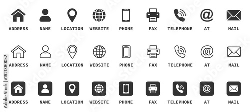 Contact icon set. Collection of contact and website icons. Home, location, call, at, email, address, globe, chat, message, mail, telephone, information, support. Editable stroke. Contact us icons.