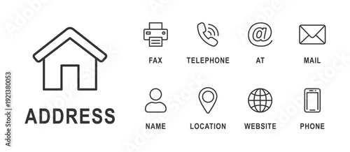 Contact icon set. Collection of contact and website icons. Home, location, call, at, email, address, globe, chat, message, mail, telephone, information, support. Editable stroke. Contact us icons.