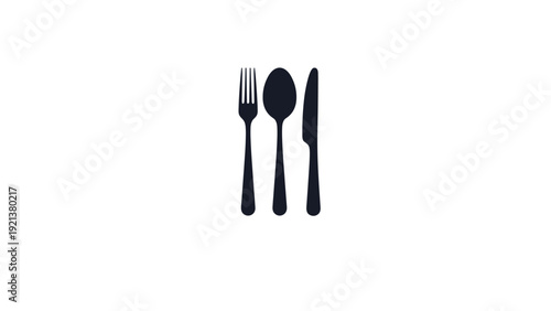 Black silhouette of fork spoon and knife set on white background for restaurant menu and dining etiquette icons.