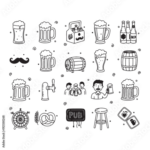 Beer Beverage Icons Set, Drink Glass Vector Icons, Pub Bar Line Icons, Alcohol Brewery Clipart, Beer Mug Icons, Party Drink Icons, Beverage Outline Collection

