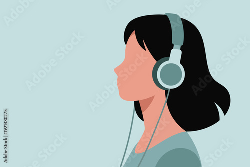 Profile view of person with black hair wearing large over ear headphones, muted green top, calm cartoon illustration with light blue background and relaxed audio mood.