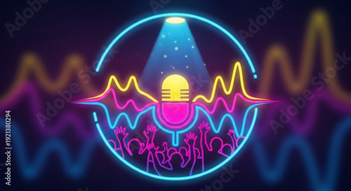 Neon microphone icon with sound waves and spotlight effect in vibrant colors symbolizing music and performance art