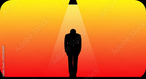 Silhouette of a man standing under a spotlight against a vibrant orange and yellow gradient background conveying hope and inspiration