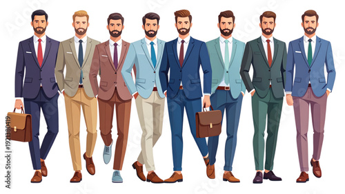 Flat Vector Illustration Set of Professional Men in Formal Business Suits Pastel Style