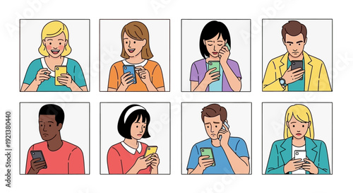 Diverse people interacting with smartphones showing various emotions and expressions