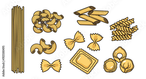 Assorted Pasta Shapes Collection Vector Illustration - Various Types of Italian Noodles