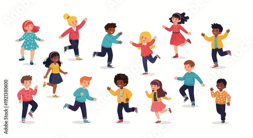 Diverse Group of Happy Kids Dancing and Running Together in a Playful Manner