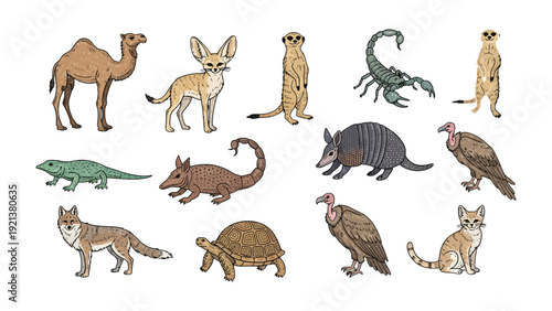 Desert Animal Collection: An assortment of desert creatures showcases the diverse wildlife adapted to arid landscapes. The illustration encapsulates the unique characteristics of each animal