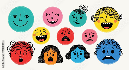 Diverse Collection of Playful Cartoon Faces Expressing Various Emotions