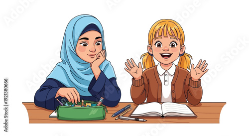Diverse schoolgirls studying together at a desk, one wearing a hijab, illustration