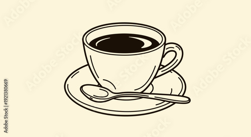 Cozy Coffee Cup with Spoon and Saucer, Hand-Drawn Doodle Style Vector Art