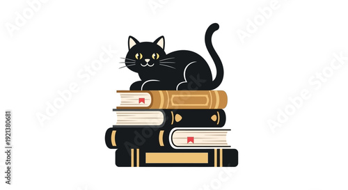 Cute Black Cat Sitting on Stack of Old Books, Vector Illustration