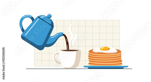 Hot Coffee Poured into Cup Next to Stack of Pancakes and Fried Egg