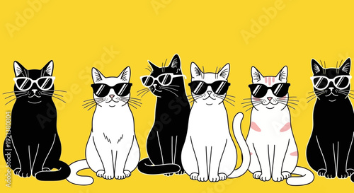 Cute Cartoon Cats Wearing Sunglasses Sitting Together on Yellow Background