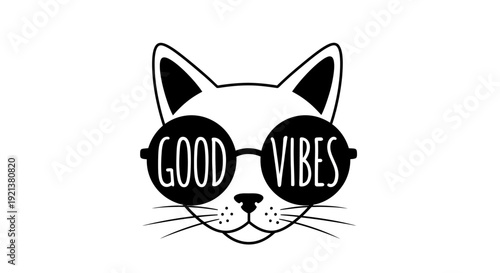 Funny Cat Wearing Round Sunglasses with "Good Vibes" Text - Vector Illustration