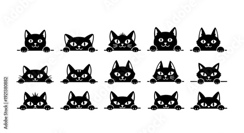 Set of Cute Black Cat Faces Peeking Over Edge, Vector Illustrations