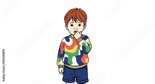 Curious Young Boy With Colorful Sweater Pondering with Finger on Mouth