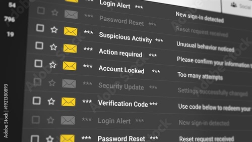 Security and Account Email Scrolling List on Dark Background. Login Alerts, Password Reset, Verification Notices, Suspicious Activity, Warnings and Privacy Protection Updates. 4K 2D Video Animation